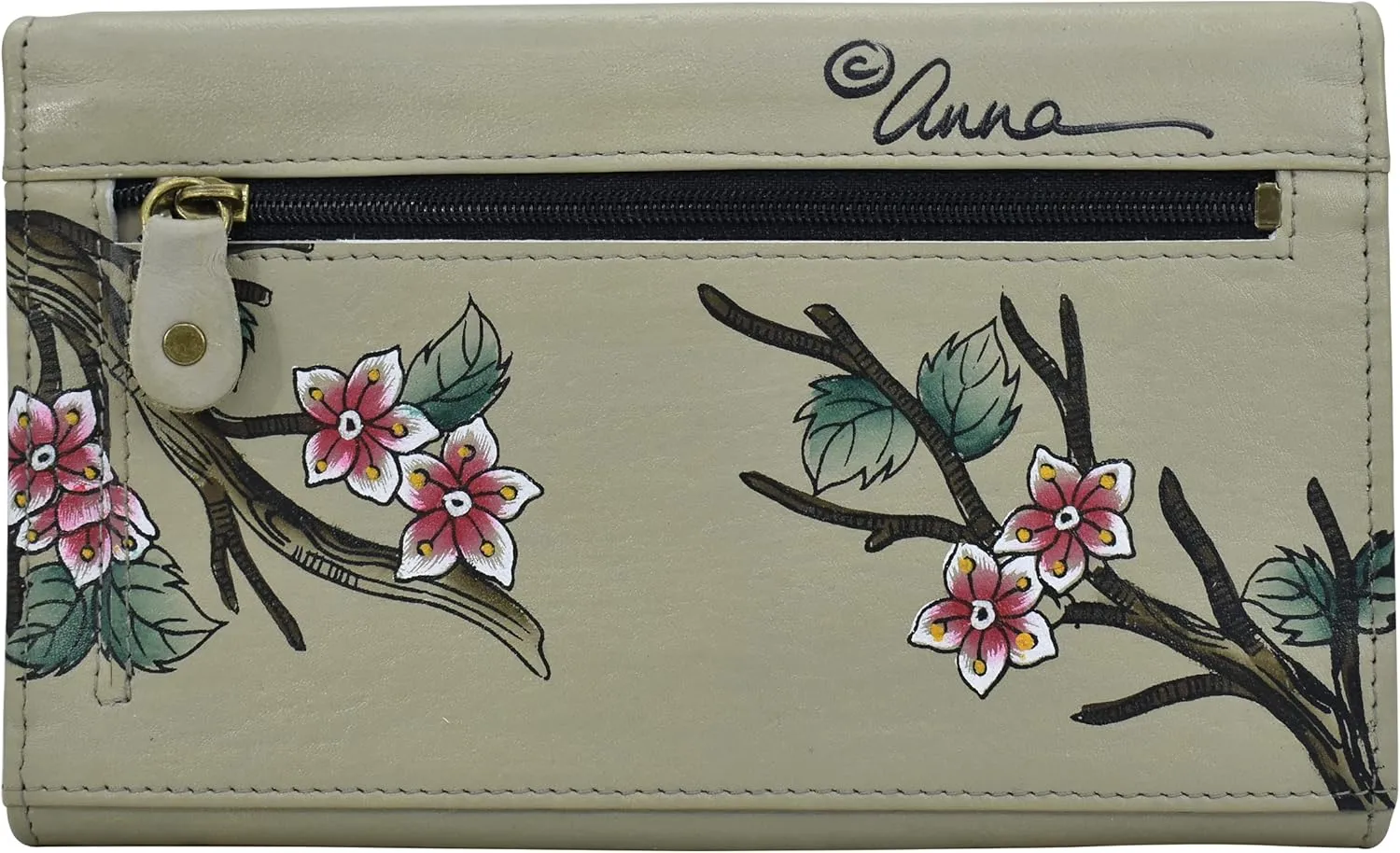 Anna by Anuschka Women's Ladies Tri Geniune Leather Hand Painted Large Three Fold Checkbook Clutch Wallet-Romantic Rose Black