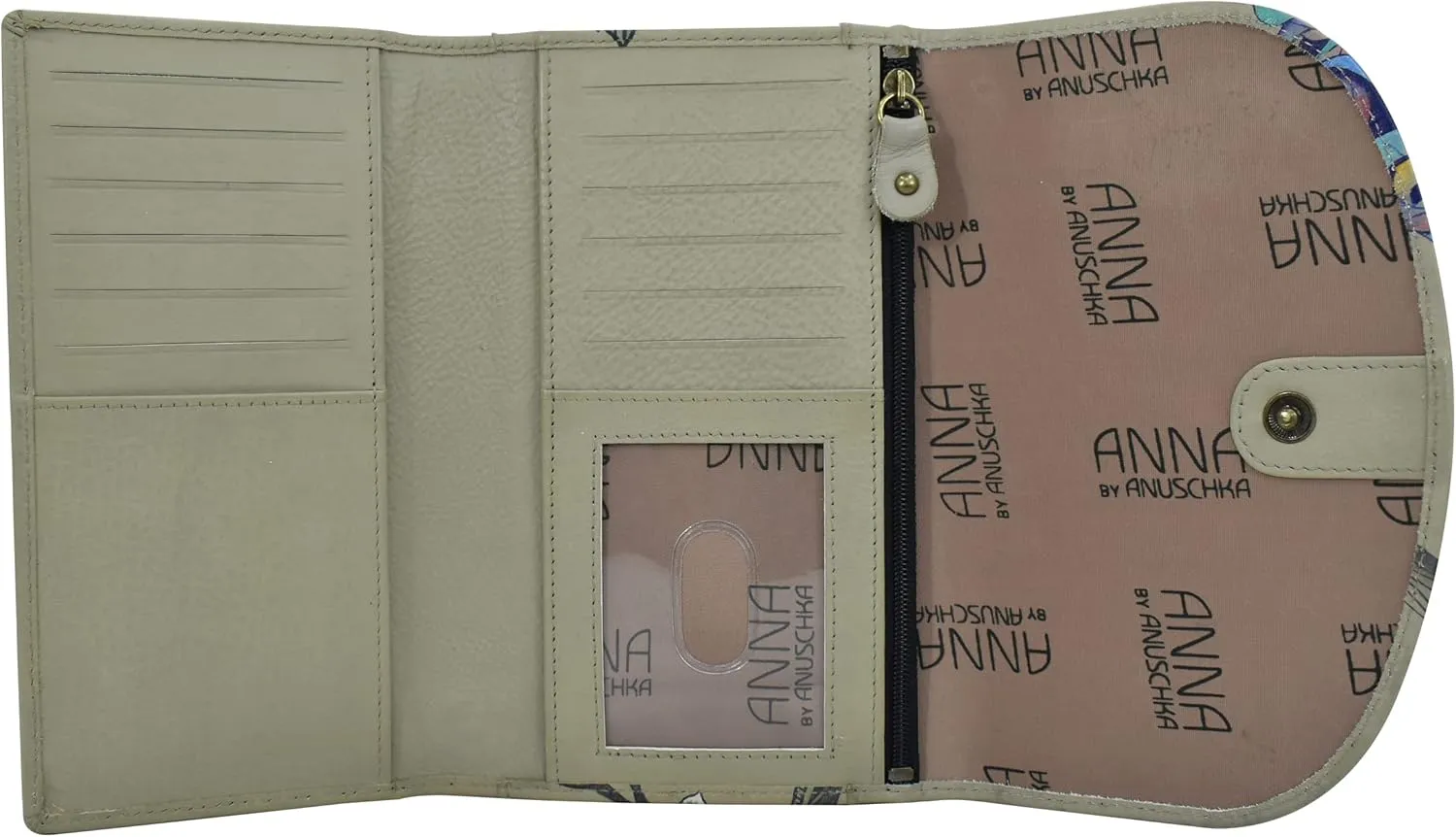 Anna by Anuschka Women's Ladies Tri Geniune Leather Hand Painted Large Three Fold Checkbook Clutch Wallet-Romantic Rose Black
