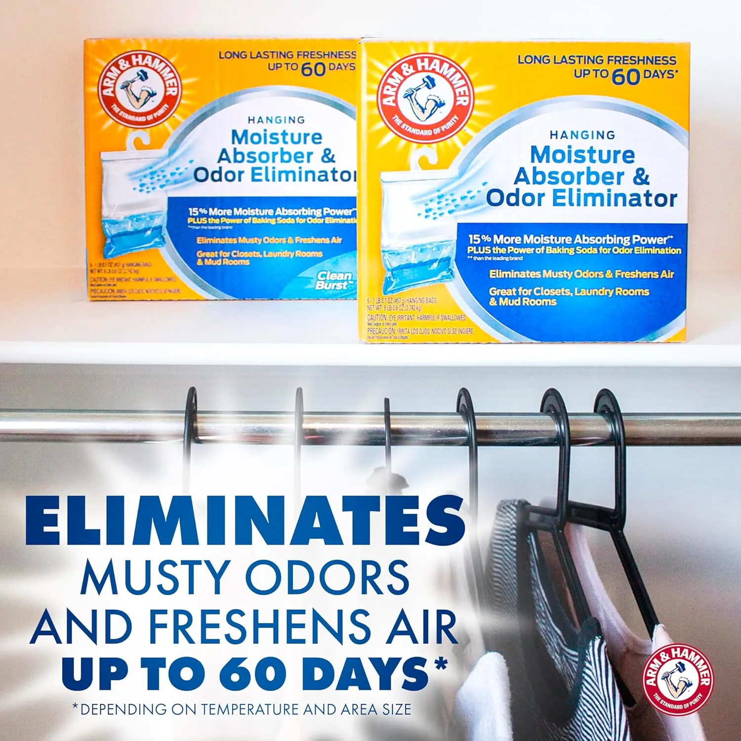 Arm & Hammer Hanging Moisture Absorber and Odor Eliminator, 16.1 oz., 6 Pack, Clean Burst, Moisture Absorbers for Closet and Small Rooms, Long-Lasting Freshness