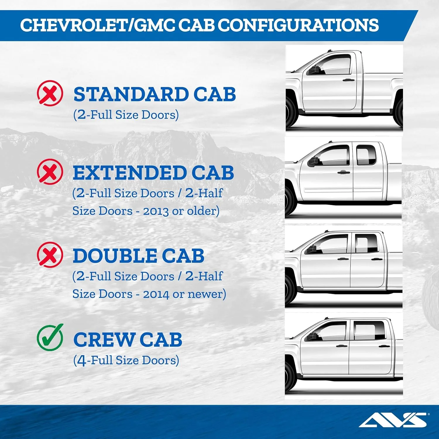 Auto Ventshade [AVS] in-Channel Rain Guards for 2014-2018 Silverado - Sierra 1500 Crew; 2015-2019 Silverado - Sierra 2500HD-3500HD Crew | Window Vent Visors, 4 pcs. - Smoke | 194536