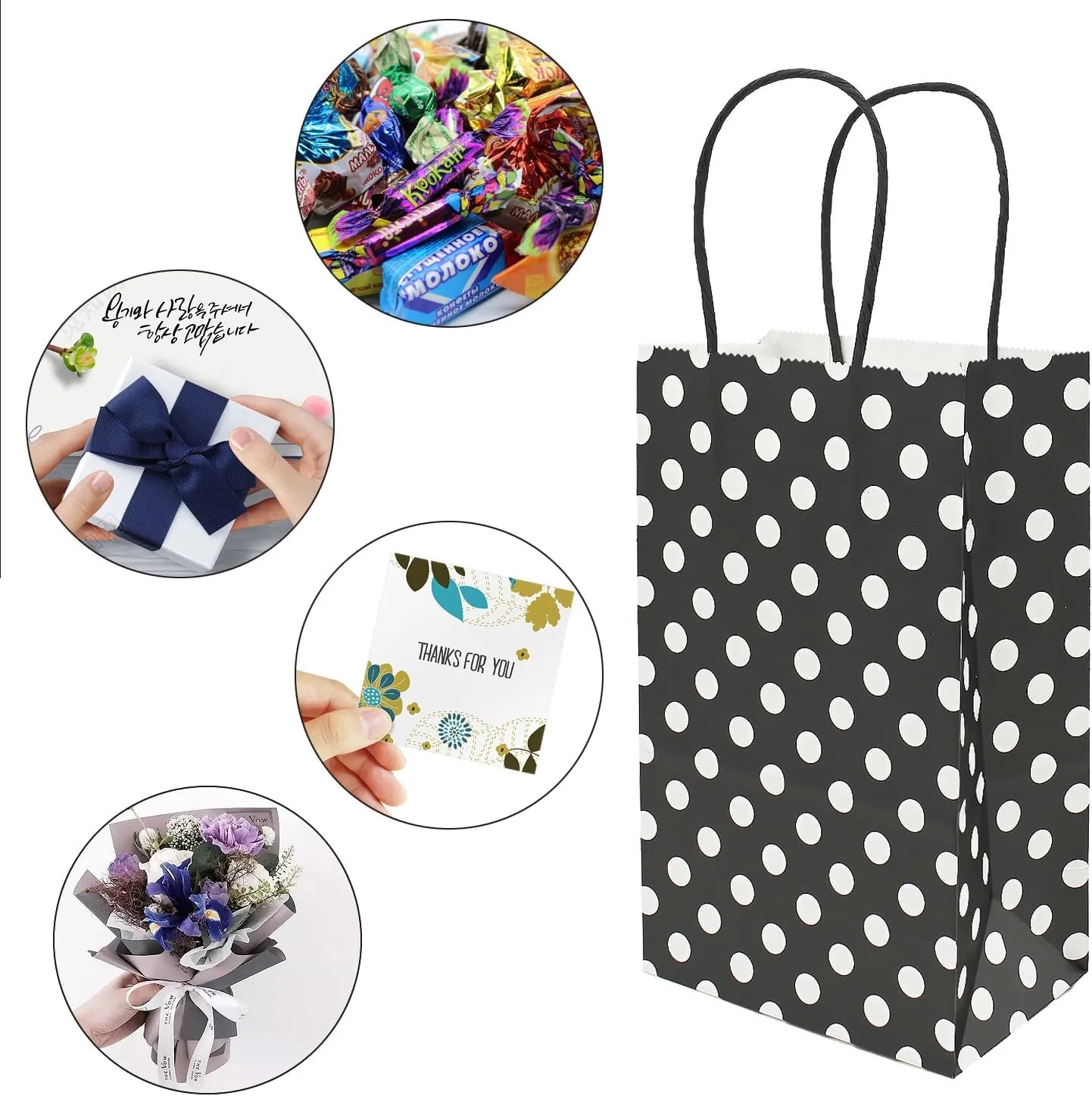 AZOWA Medium Polka Dot Gift Bags Kraft Paper Bags with Handles for Birthday Parties, Baby Shower, and Wedding (9.8 x 7.5 x 3.9 in, Black, 25 Pcs)