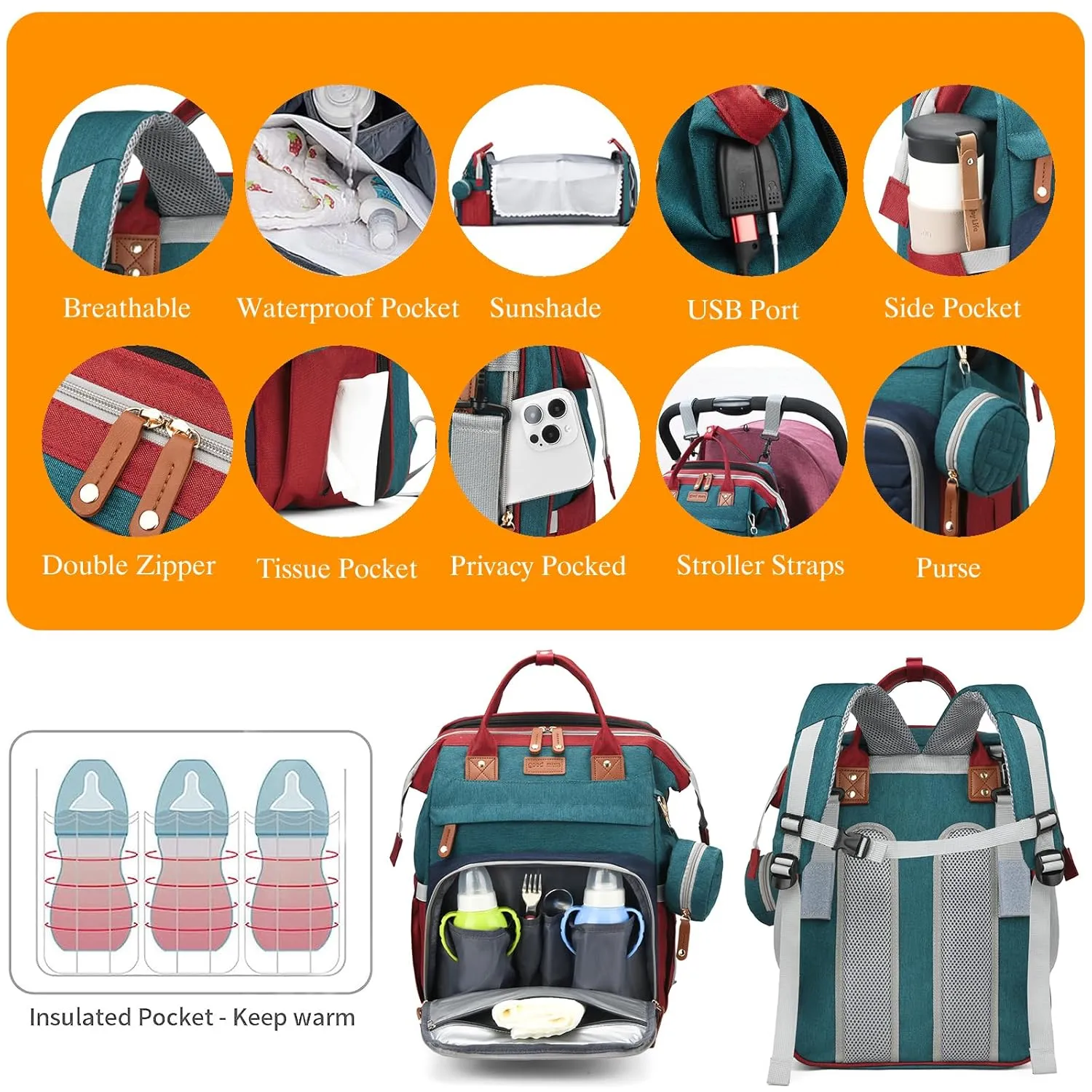 Baby Diaper Bags with Changing Station, Waterproof Diaper Bag Backpack for Moms Dads with USB Charging Port, Baby Shower Gifts, Large Capacity diaper backpack, Red-Green-Blue