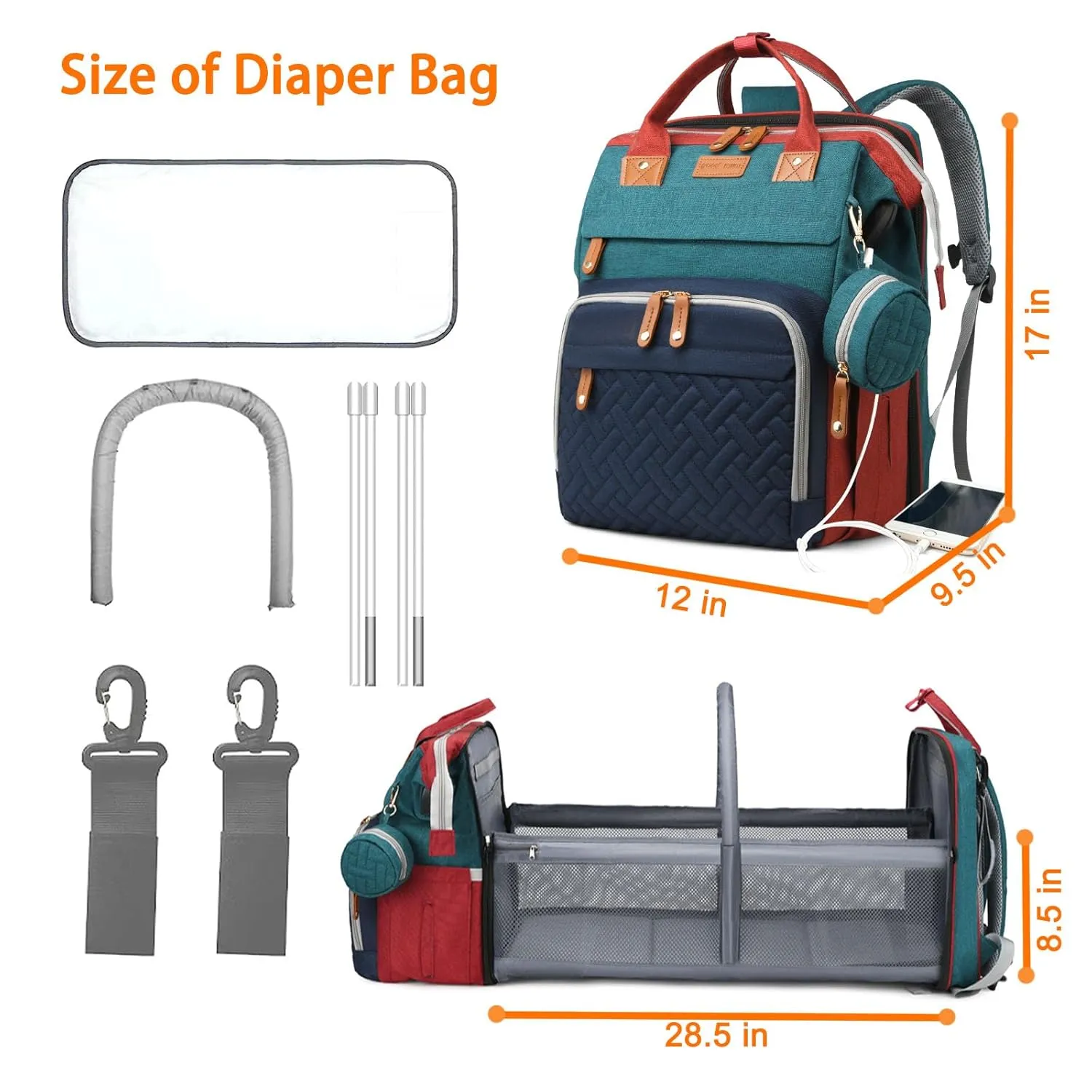 Baby Diaper Bags with Changing Station, Waterproof Diaper Bag Backpack for Moms Dads with USB Charging Port, Baby Shower Gifts, Large Capacity diaper backpack, Red-Green-Blue