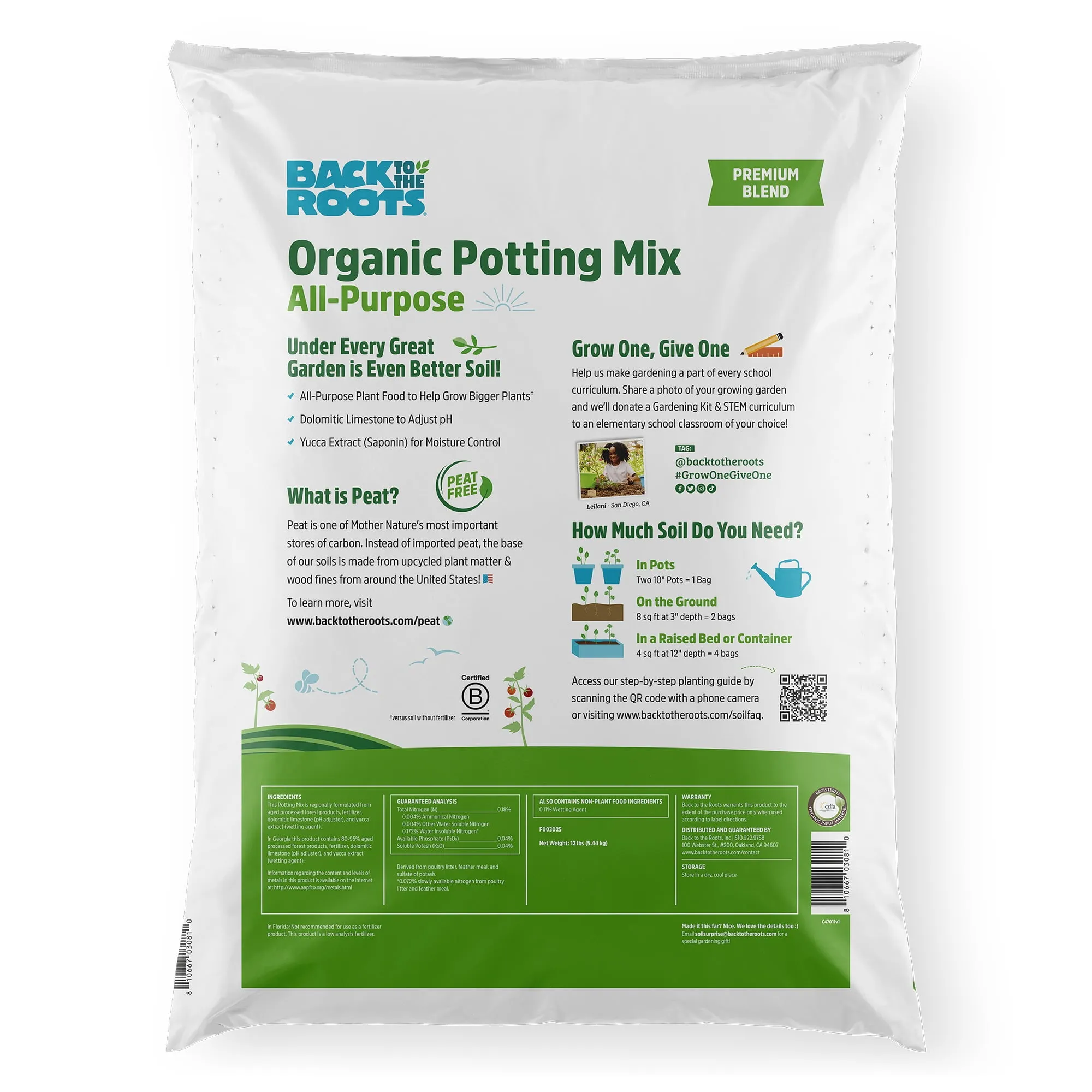 Back to the Roots Organic Premium Blend All-Purpose Potting Mix Soil, 1 Cubic Ft