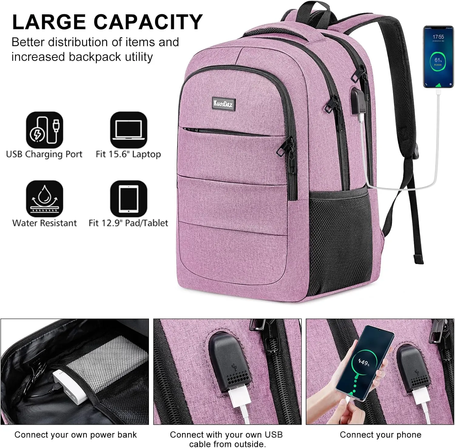 Backpack for Women, School Backpacks for Teens Girls, 15.6 Inch Cute Laptop Backpack for School with USB Charger, Lightweight Teacher Student College Bookbags, Pink