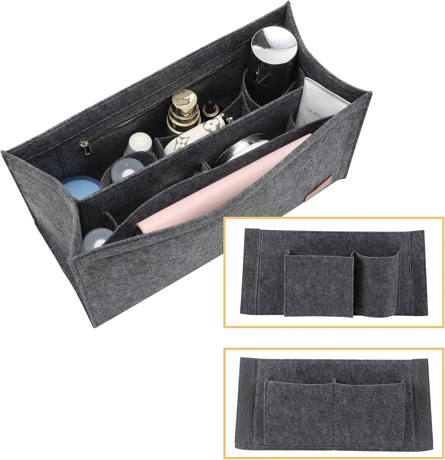 Bag Organizer Insert,Tote Bag Insert For On The Go GM, Handbag Inner Organizer,Handbag Storage,Tote Bags Felt Liner with Zipper (Grey,XL)