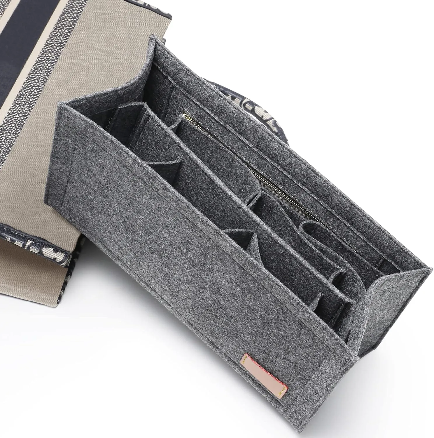 Bag Organizer Insert,Tote Bag Insert For On The Go GM, Handbag Inner Organizer,Handbag Storage,Tote Bags Felt Liner with Zipper (Grey,XL)
