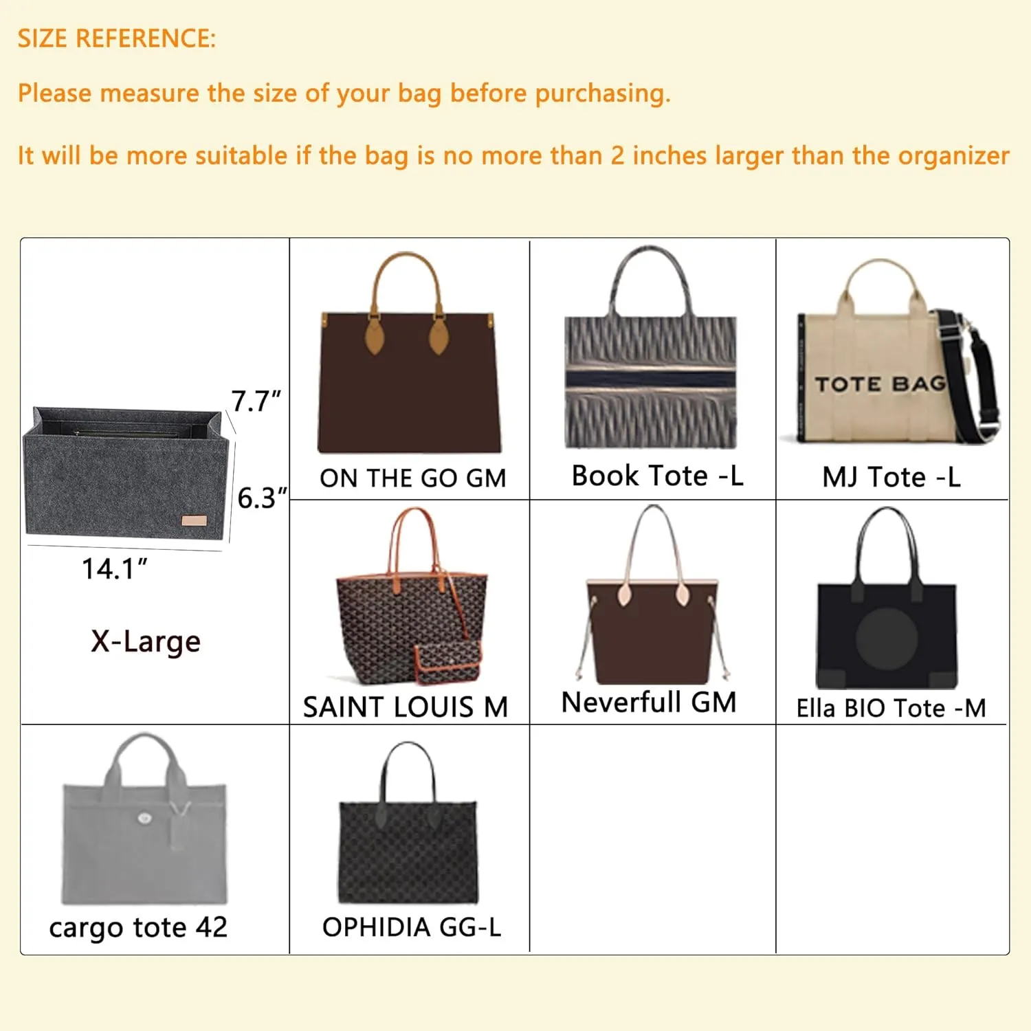Bag Organizer Insert,Tote Bag Insert For On The Go GM, Handbag Inner Organizer,Handbag Storage,Tote Bags Felt Liner with Zipper (Grey,XL)
