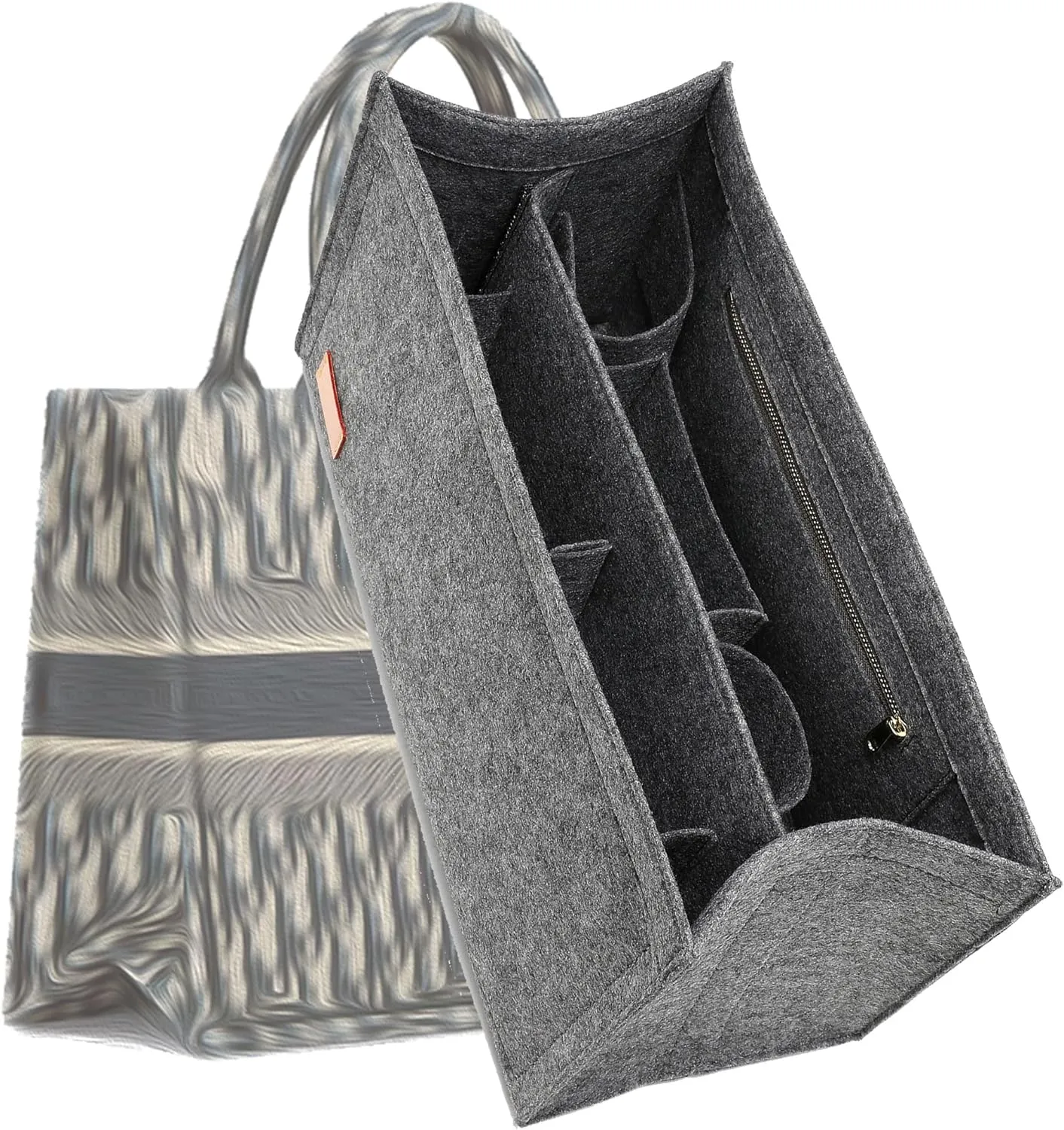 Bag Organizer Insert,Tote Bag Insert For On The Go GM, Handbag Inner Organizer,Handbag Storage,Tote Bags Felt Liner with Zipper (Grey,XL)