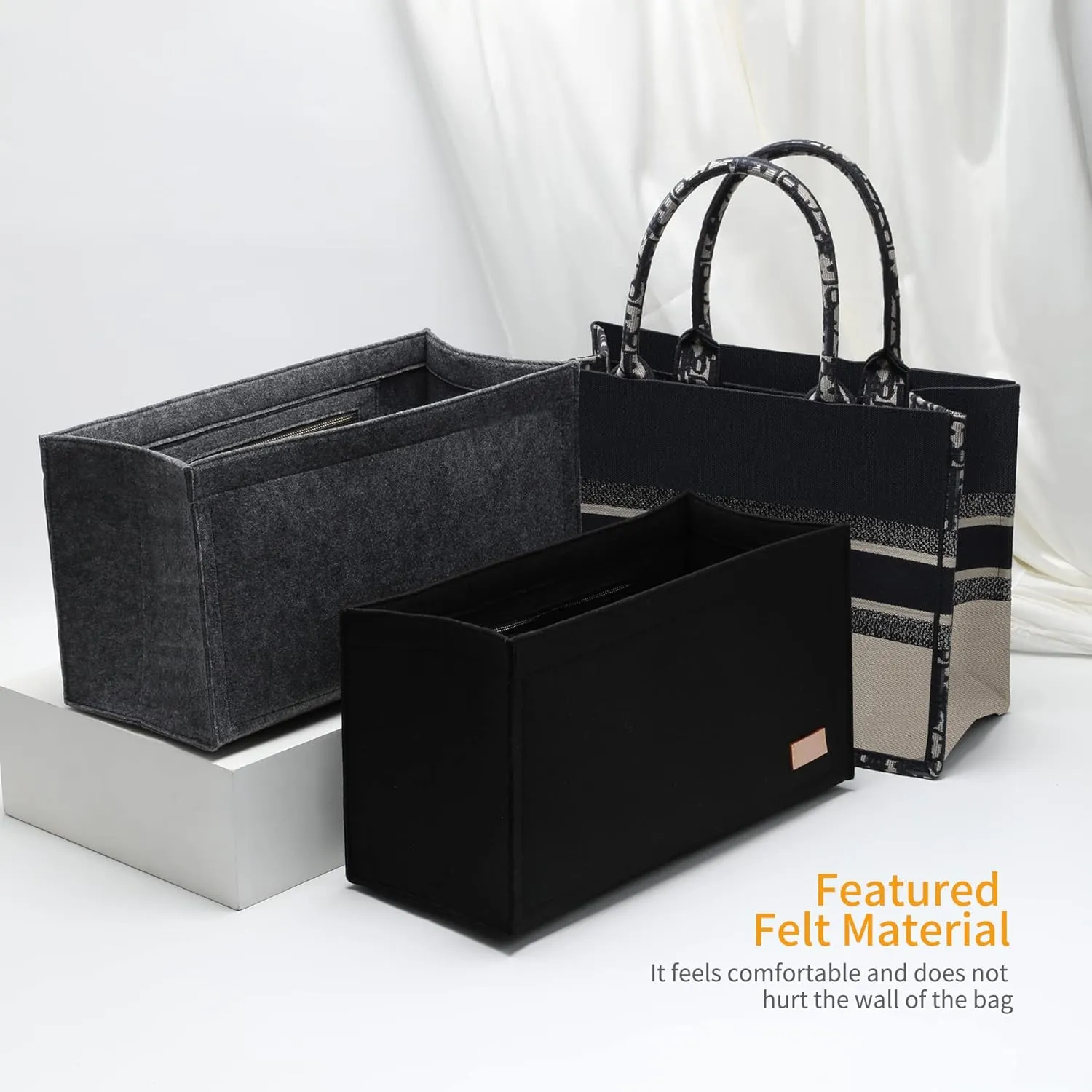 Bag Organizer Insert,Tote Bag Insert For On The Go GM, Handbag Inner Organizer,Handbag Storage,Tote Bags Felt Liner with Zipper (Grey,XL)