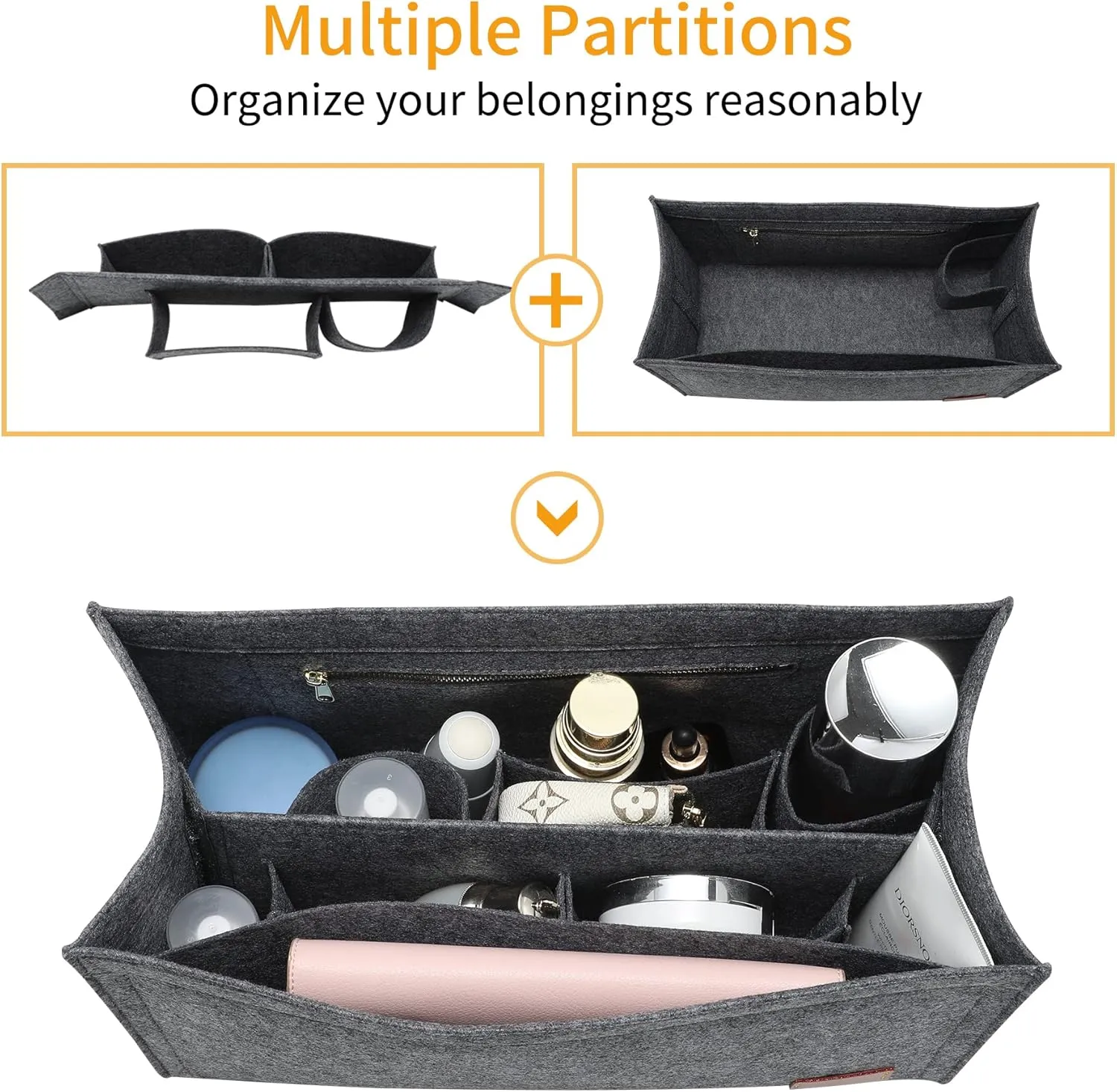 Bag Organizer Insert,Tote Bag Insert For On The Go GM, Handbag Inner Organizer,Handbag Storage,Tote Bags Felt Liner with Zipper (Grey,XL)