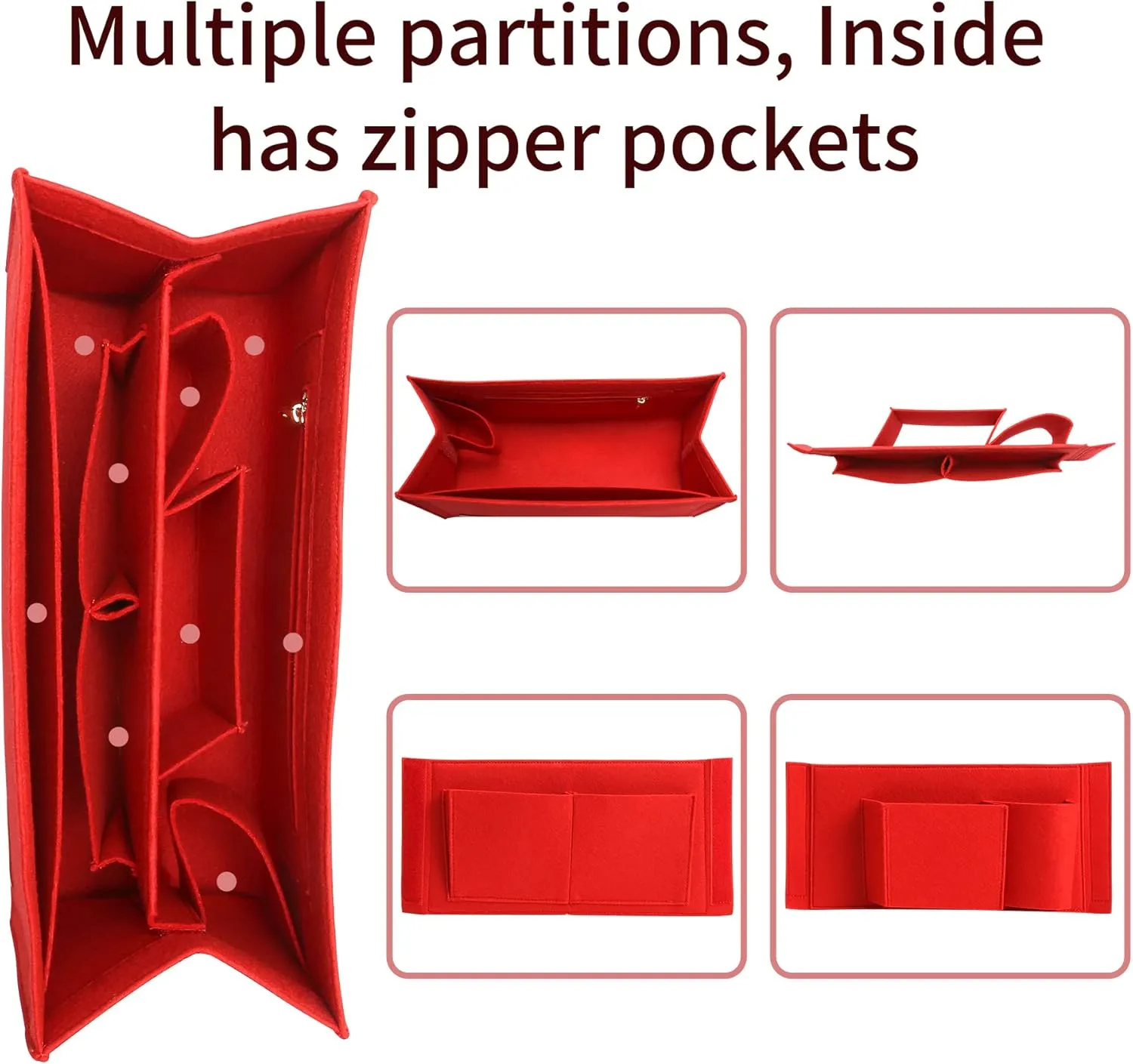 Bag Organizer Insert,Tote Bag Insert For On The Go MM, Handbag Inner Organizer,Handbag Storage,Tote Bags Felt Liner with Zipper(Red,L)