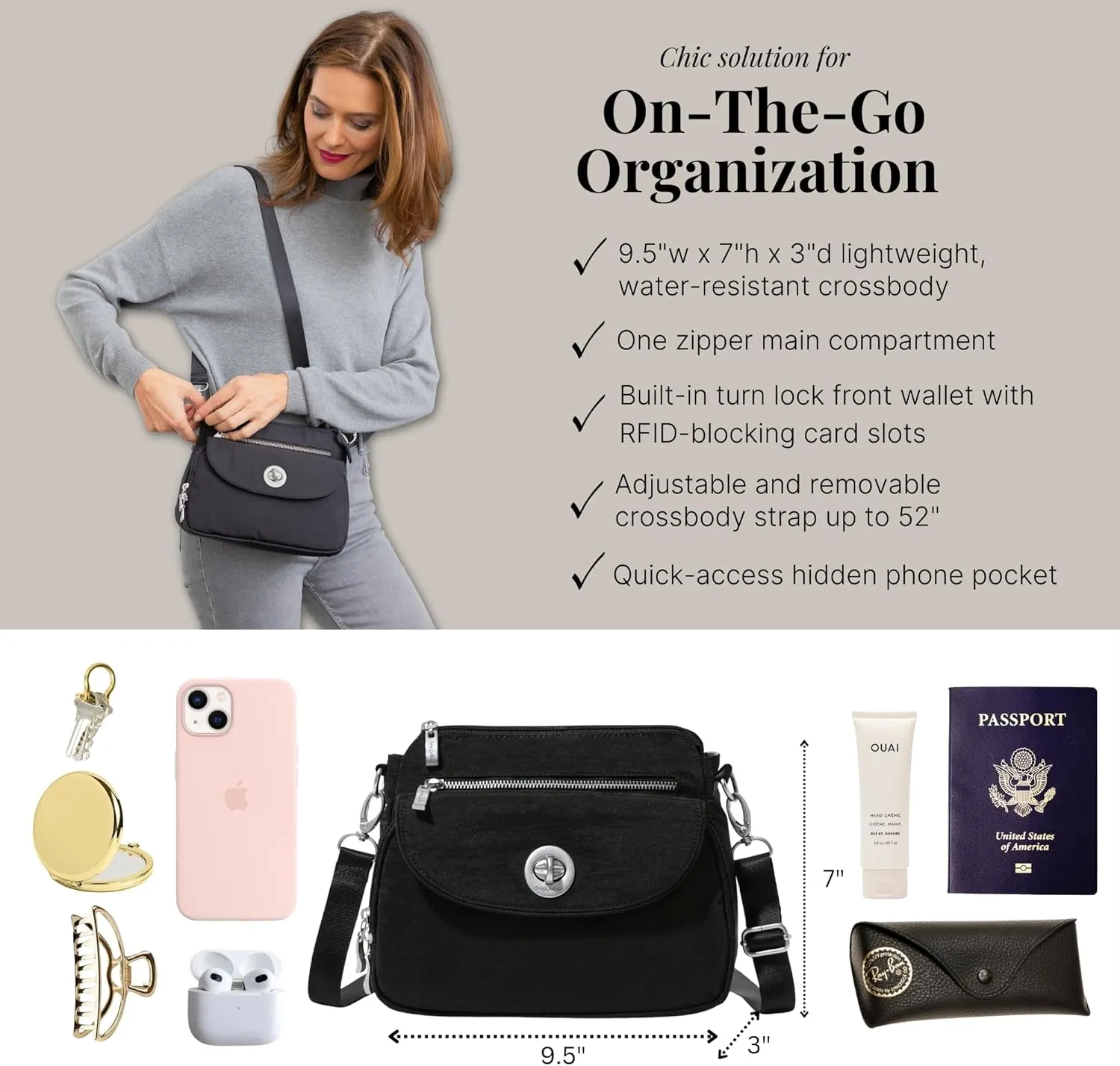 Baggallini Calais Crossbody Bags for Women 9.5"x7" Travel Handbag Purse w/RFID Front Wallet Lightweight Water-Resistant