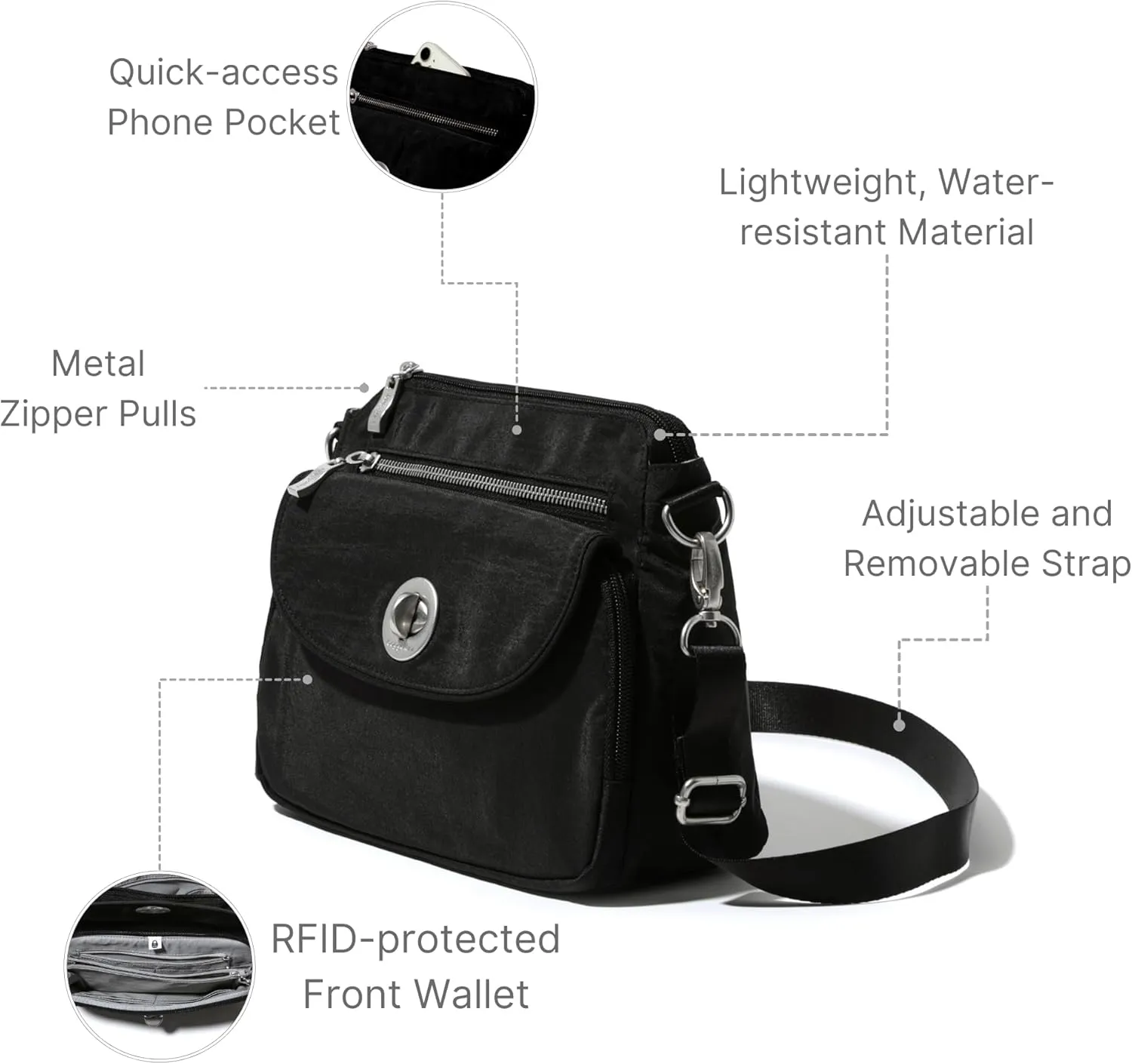 Baggallini Calais Crossbody Bags for Women 9.5"x7" Travel Handbag Purse w/RFID Front Wallet Lightweight Water-Resistant