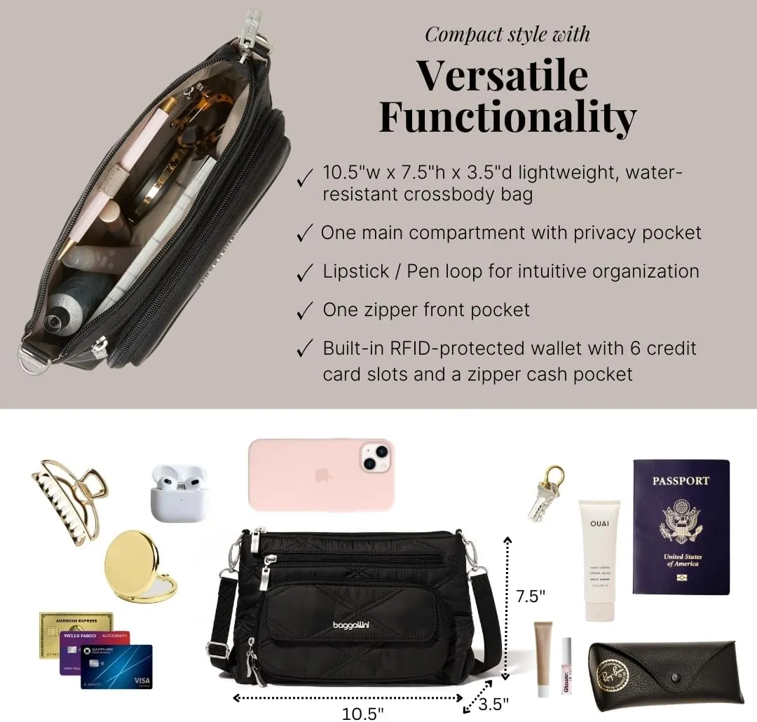 Baggallini Original Everyday 11x 7.5 Crossbody Bags for Women RFID Protected Washable Lightweight Nylon Zippered Travel Purse