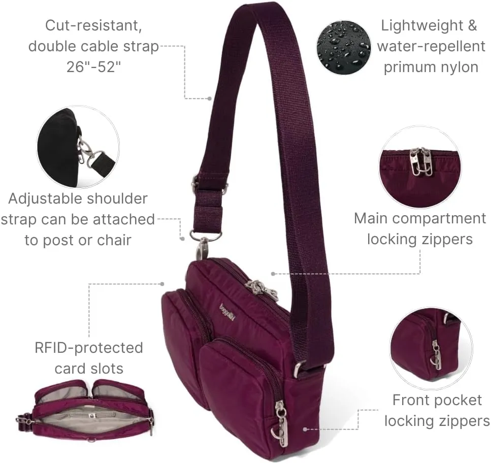 Baggallini Securtex Anti-Theft Treasure Crossbody 9"x5.5" Lightweight Travel Purse with RFID Card Slots Locking Zippers
