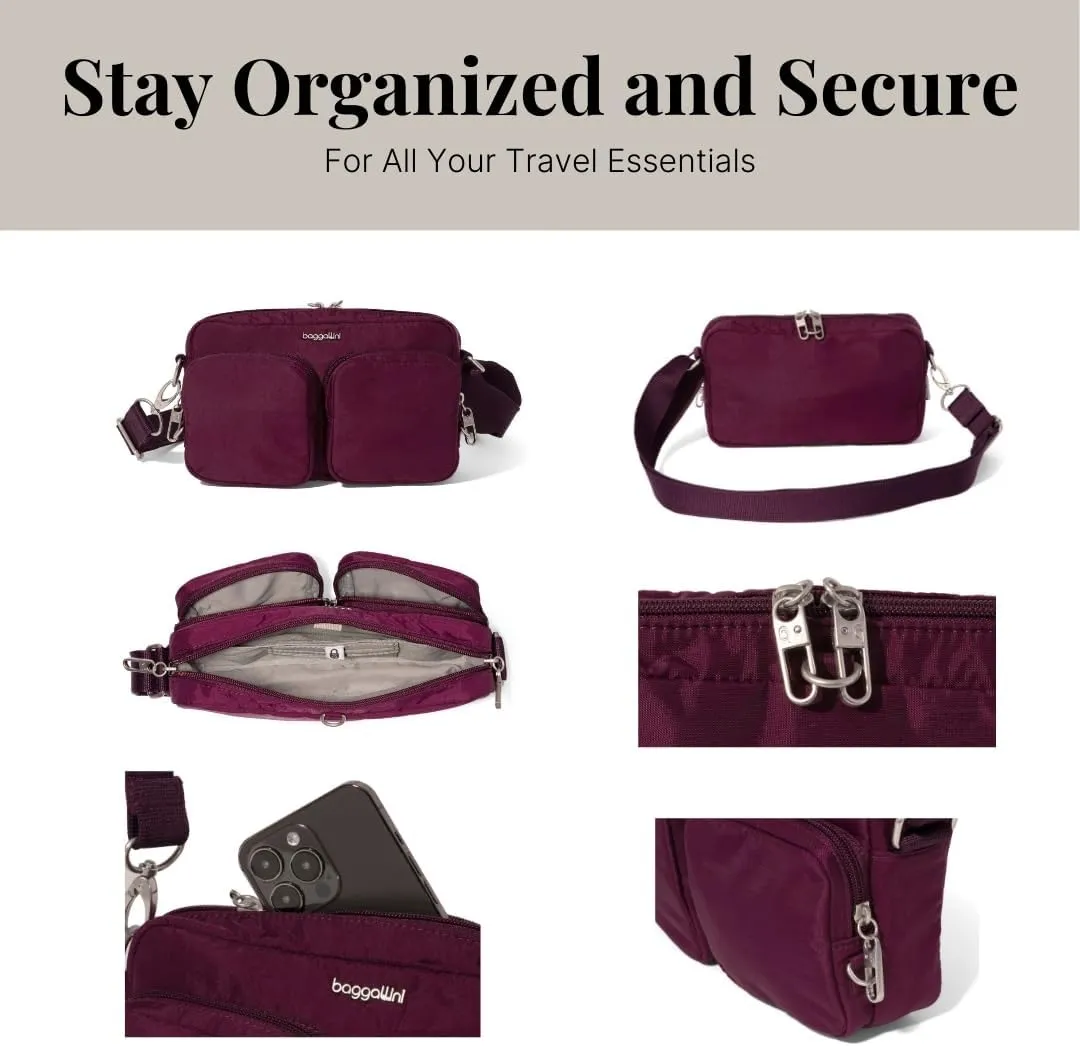 Baggallini Securtex Anti-Theft Treasure Crossbody 9"x5.5" Lightweight Travel Purse with RFID Card Slots Locking Zippers