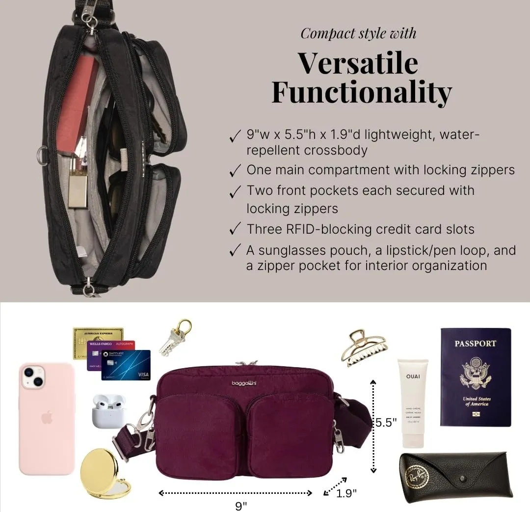 Baggallini Securtex Anti-Theft Treasure Crossbody 9"x5.5" Lightweight Travel Purse with RFID Card Slots Locking Zippers