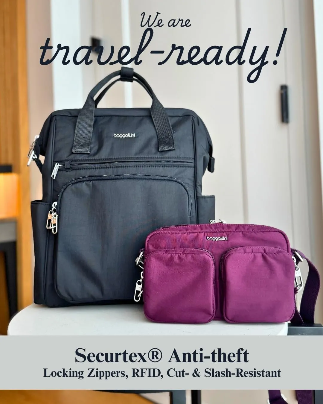 Baggallini Securtex Anti-Theft Treasure Crossbody 9"x5.5" Lightweight Travel Purse with RFID Card Slots Locking Zippers