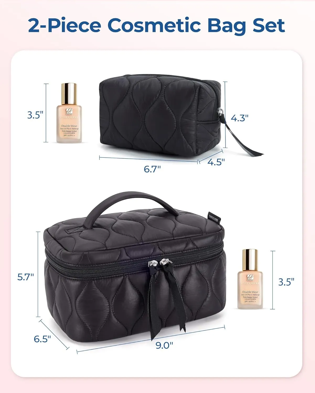 BAGSMART Travel Makeup Bag, 2-Piece Puffy Quilted Cute Make Up Bag Cosmetic Bags for Women, Large Wide-Open Toiletry Pouch Gifts for Toiletries Accessories Travelling Essentials, Black
