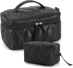 BAGSMART Travel Makeup Bag, 2-Piece Puffy Quilted Cute Make Up Bag Cosmetic Bags for Women, Large Wide-Open Toiletry Pouch Gifts for Toiletries Accessories Travelling Essentials, Black