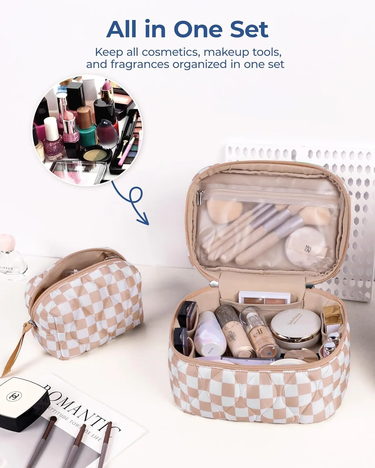 BAGSMART Travel Makeup Bag, 2-Piece Puffy Quilted Cute Make Up Bag Cosmetic Bags for Women, Large Wide-Open Toiletry Pouch Gifts for Toiletries Accessories Travelling Essentials, Checkered Blue