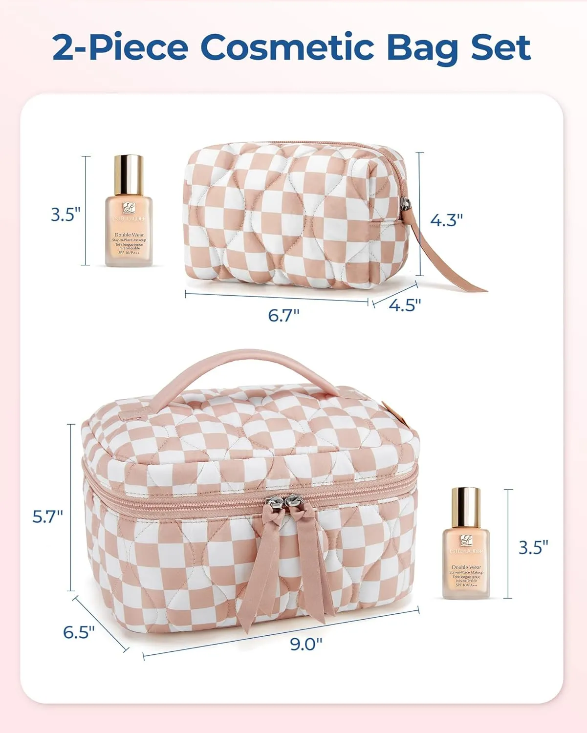 BAGSMART Travel Makeup Bag, 2-Piece Puffy Quilted Cute Make Up Bag Cosmetic Bags for Women, Large Wide-Open Toiletry Pouch Gifts for Toiletries Accessories Travelling Essentials, Checkered Blue