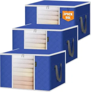 BALEINE 3 Pack Clothes Storage Bags, 24 Gallon Storage Containers with Reinforced Handle, Sturdy Zipper, Closet Organizer for Blanket, Comforter, Pillow, Bedding (Blue, 3 Pack)
