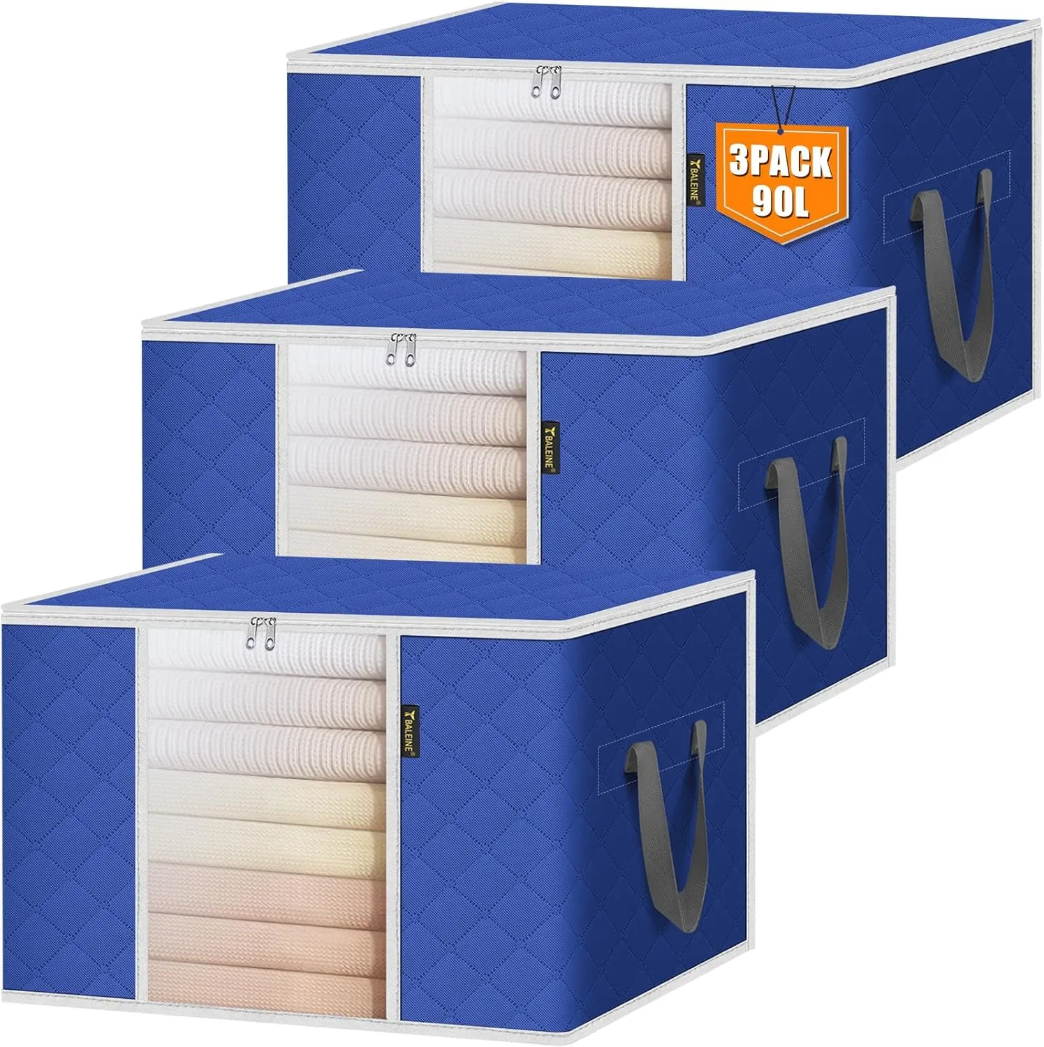 BALEINE 3 Pack Clothes Storage Bags, 24 Gallon Storage Containers with Reinforced Handle, Sturdy Zipper, Closet Organizer for Blanket, Comforter, Pillow, Bedding (Blue, 3 Pack)