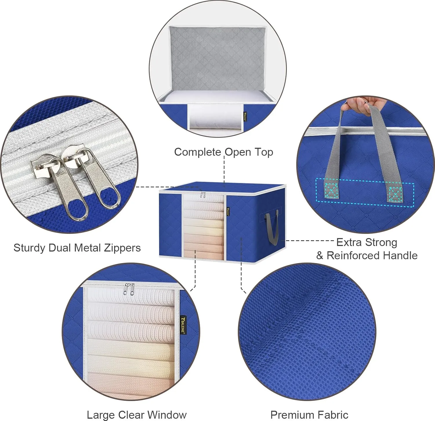 BALEINE 3 Pack Clothes Storage Bags, 24 Gallon Storage Containers with Reinforced Handle, Sturdy Zipper, Closet Organizer for Blanket, Comforter, Pillow, Bedding (Blue, 3 Pack)