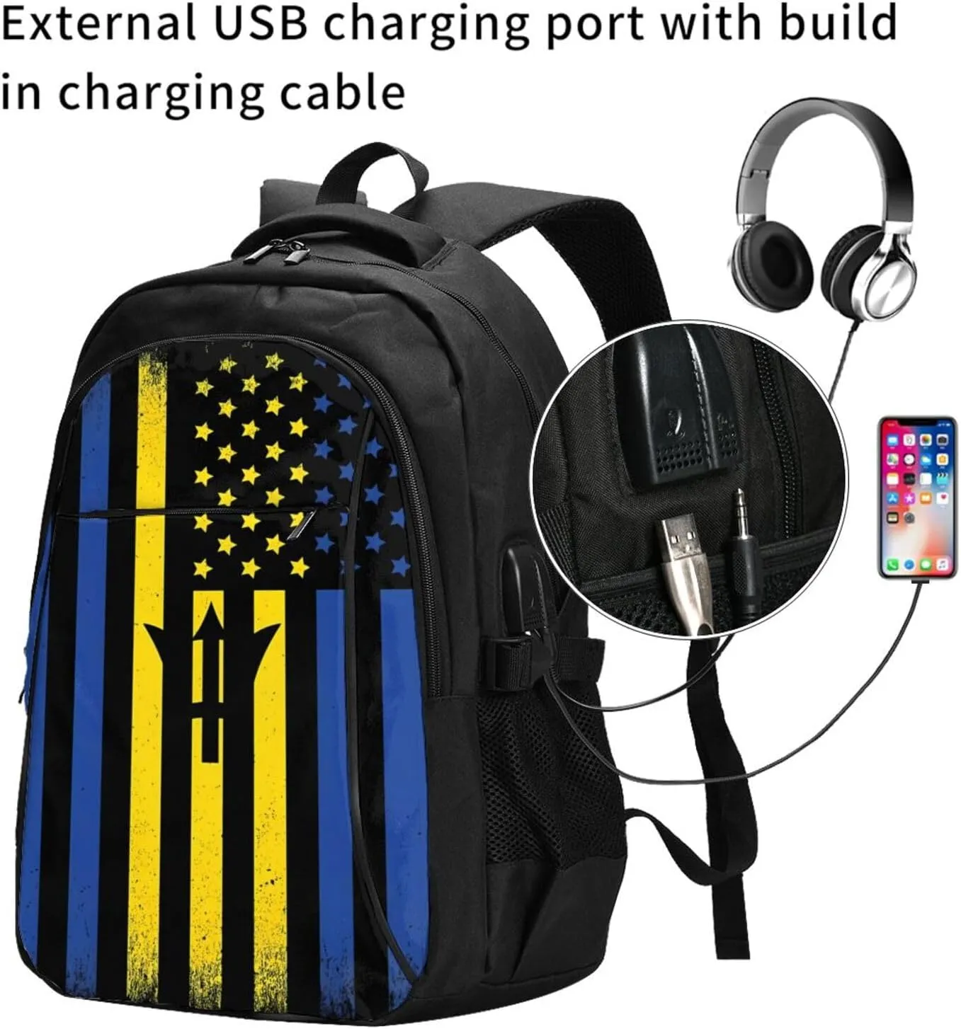 Barbadian American Flag Casual Travel Backpacks Hiking Camping Backpack Large Outdoor Sport Daypack Laptop Rucksack Climbing Working Bags with USB Port