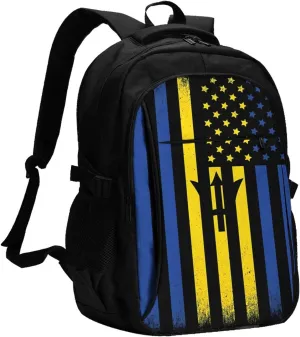 Barbadian American Flag Casual Travel Backpacks Hiking Camping Backpack Large Outdoor Sport Daypack Laptop Rucksack Climbing Working Bags with USB Port