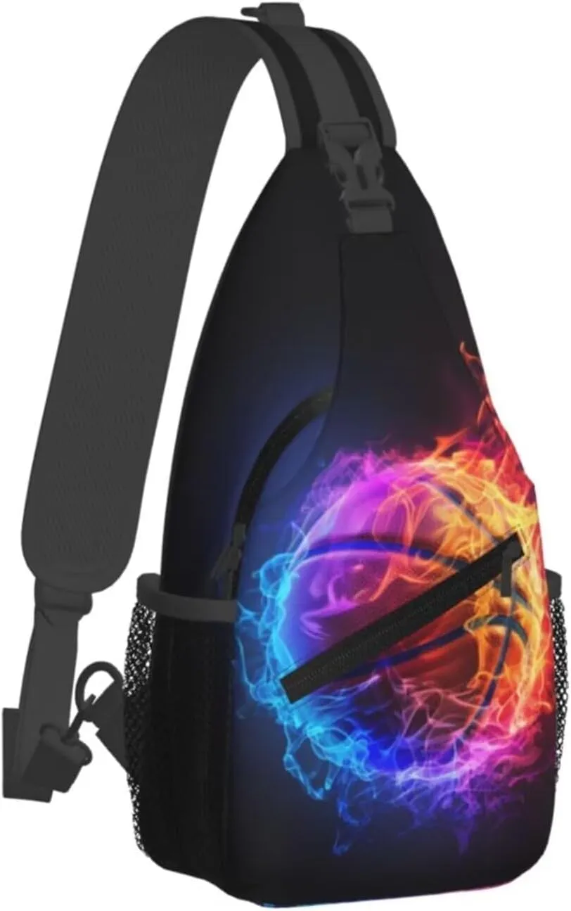 Basketball Print Sling Bag Chest Shoulder Backpack Sport Ball on Fire Crossbody Bags for Men Women Water Resistant Shoulder Bag for Travel Hiking Outdoor Sports