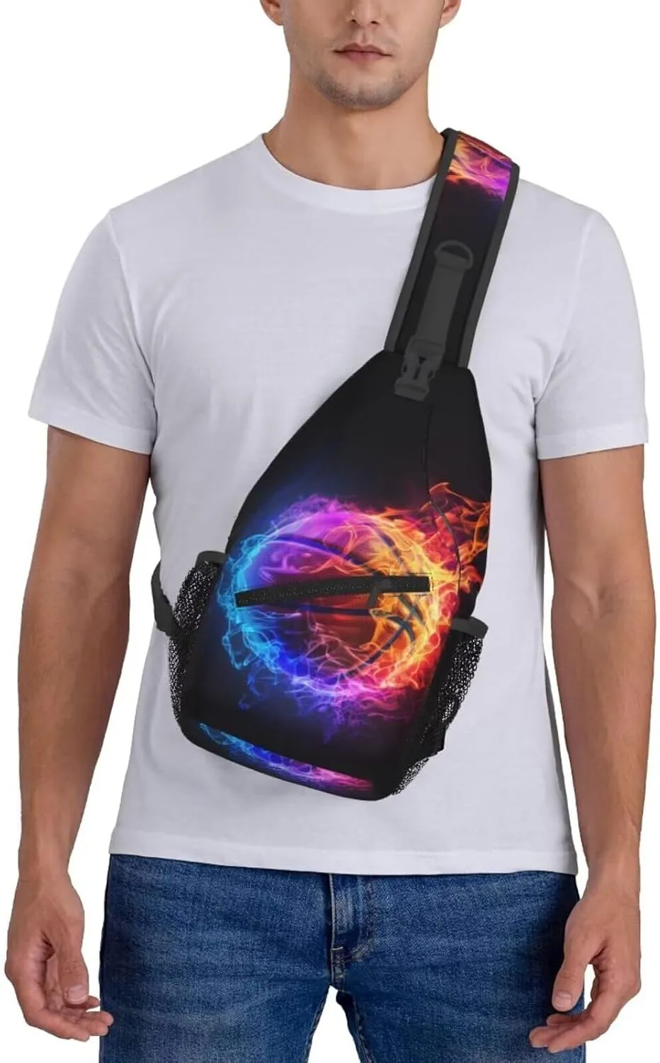 Basketball Print Sling Bag Chest Shoulder Backpack Sport Ball on Fire Crossbody Bags for Men Women Water Resistant Shoulder Bag for Travel Hiking Outdoor Sports