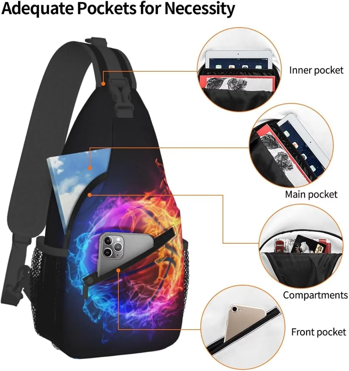 Basketball Print Sling Bag Chest Shoulder Backpack Sport Ball on Fire Crossbody Bags for Men Women Water Resistant Shoulder Bag for Travel Hiking Outdoor Sports