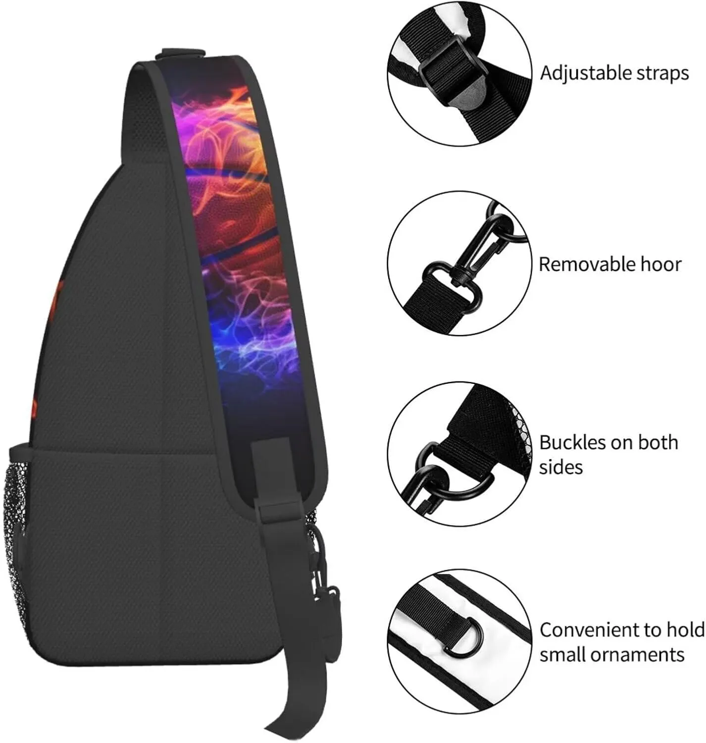 Basketball Print Sling Bag Chest Shoulder Backpack Sport Ball on Fire Crossbody Bags for Men Women Water Resistant Shoulder Bag for Travel Hiking Outdoor Sports