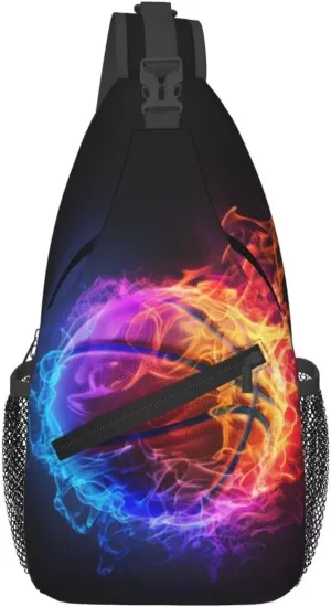 Basketball Print Sling Bag Chest Shoulder Backpack Sport Ball on Fire Crossbody Bags for Men Women Water Resistant Shoulder Bag for Travel Hiking Outdoor Sports