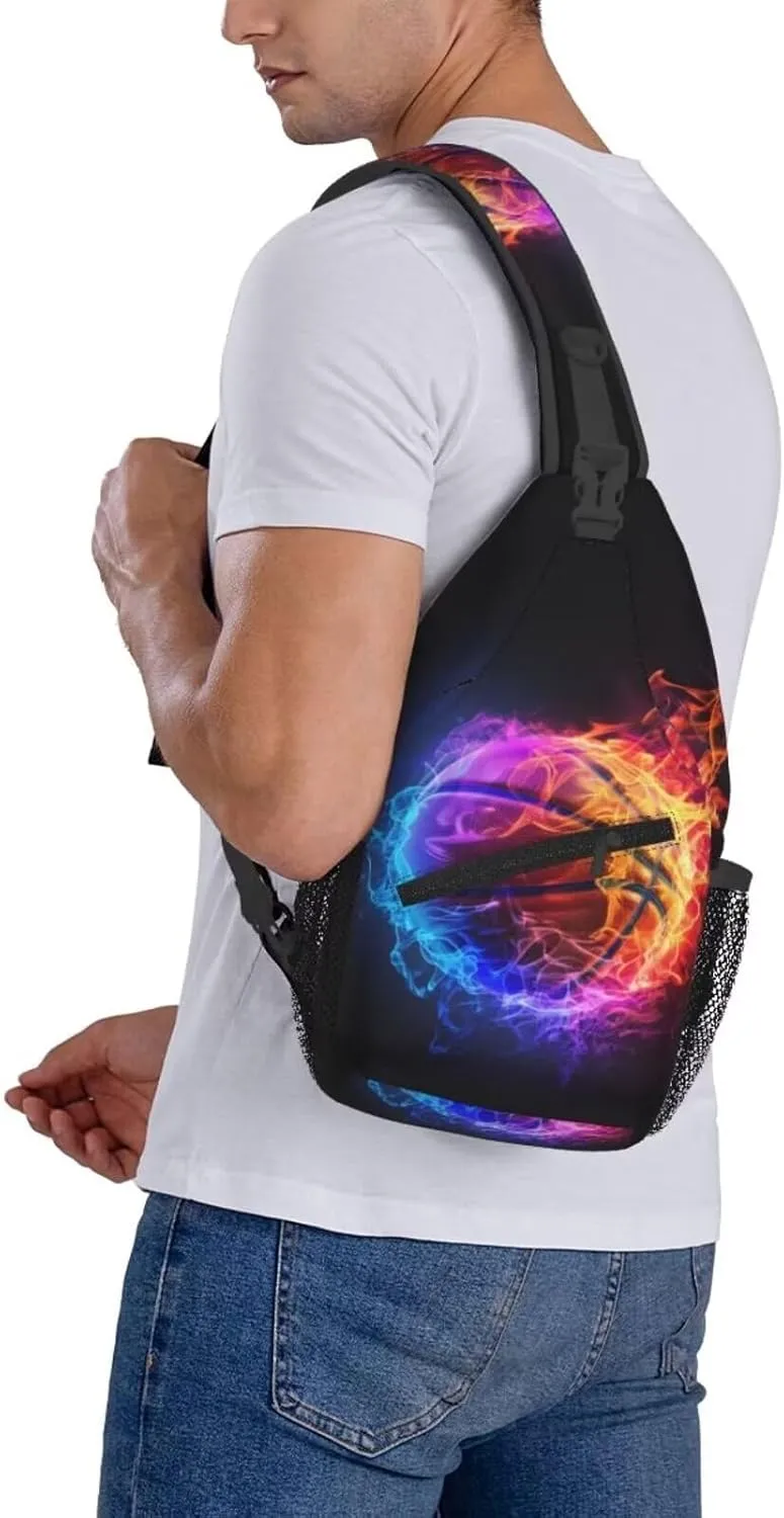 Basketball Print Sling Bag Chest Shoulder Backpack Sport Ball on Fire Crossbody Bags for Men Women Water Resistant Shoulder Bag for Travel Hiking Outdoor Sports