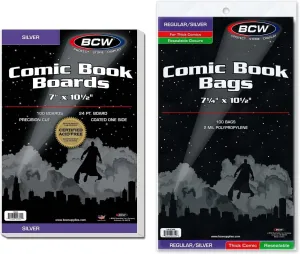 BCW Resealable Silver/Regular Comic Bags & BCW Silver Comic Backing Boards | Comic Book Bags Boards | Acid-Free Storage for Silver Age Comics | Comic Book Sleeves and Boards | 100 Bags & 100 Boards