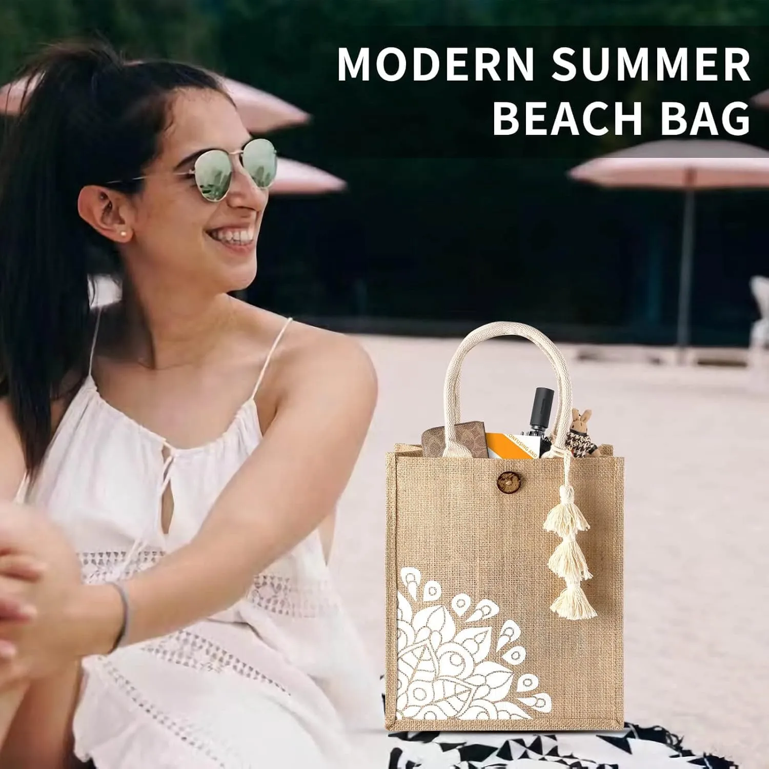 Beach Bag for Women, Straw Beach Tote Bag with Pocket Tassel Handle Waterproof Lining, for Summer Vacation Pool Gift