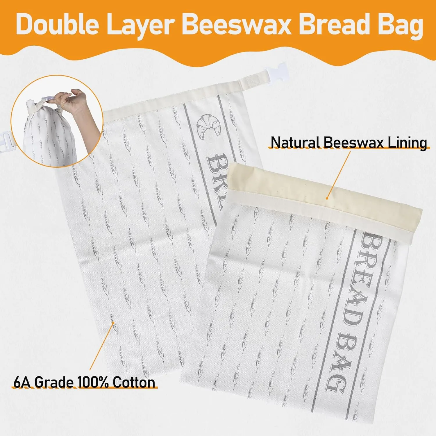 beeswax bread bags for sourdough(2 Pack), 13" X 17" Reusable waxed breads bags for Homemade Bread, Cotton Sourdough Bags Beeswax Lined for Storing Bread,Sandwiches,Snacks（White）