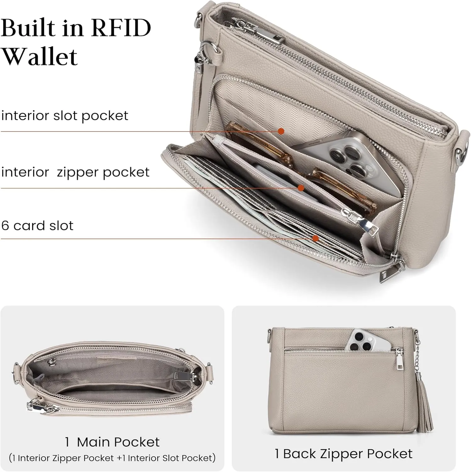 befen Anti Theft Genuine Leather Crossbody Bags for Women Handbags and Shoulder Basg with Built in Wallet RFID Leather Purse