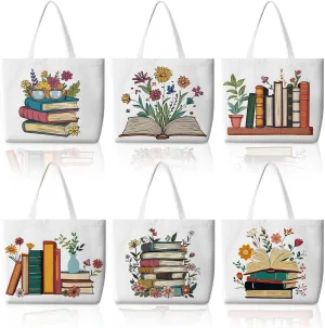 Bencailor 6 Pcs Floral Book Lovers Canvas Tote Bags Bulk Reusable Wildflowers Tote Book Bags for Women Mother's Day Gift
