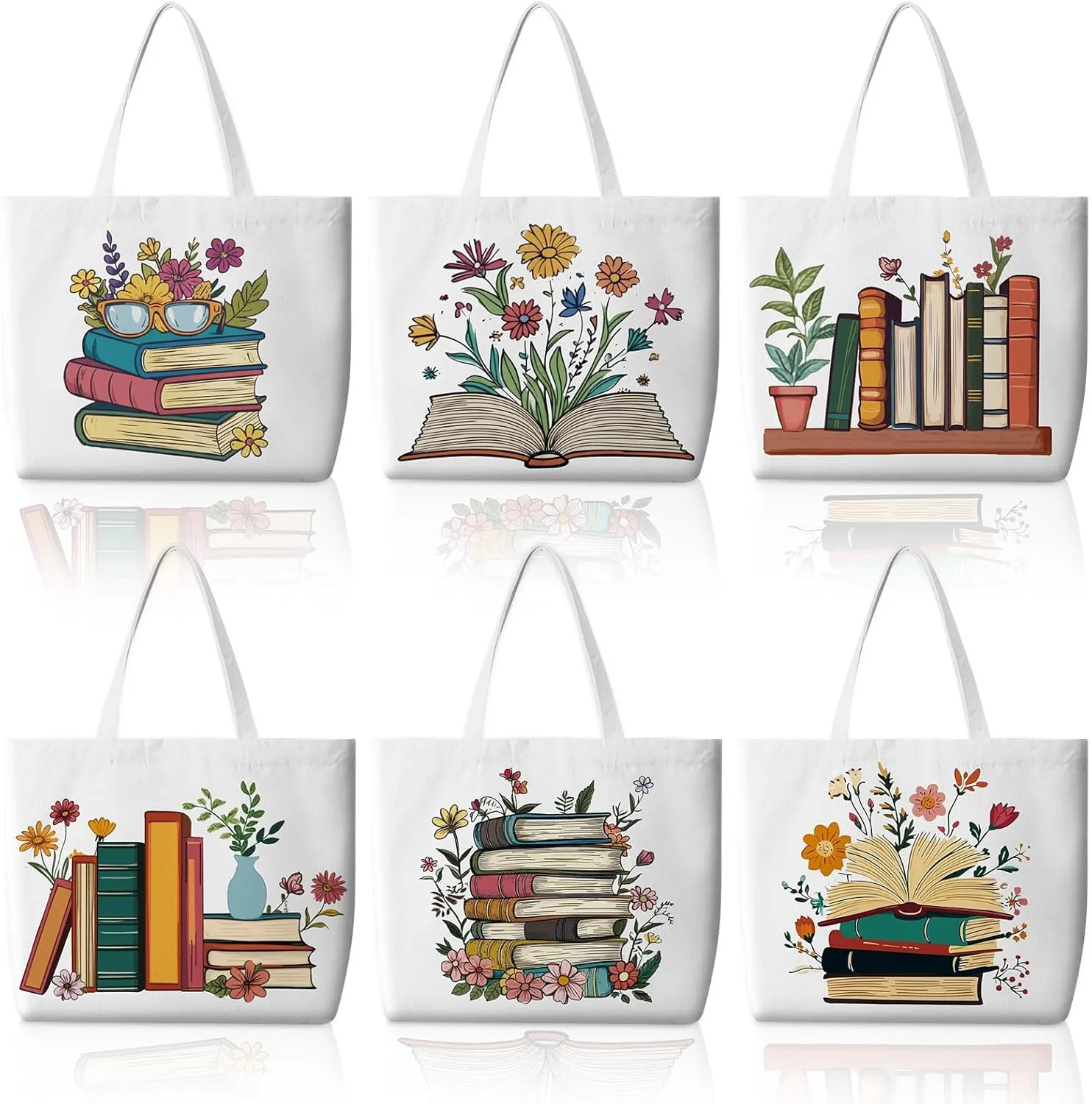 Bencailor 6 Pcs Floral Book Lovers Canvas Tote Bags Bulk Reusable Wildflowers Tote Book Bags for Women Mother's Day Gift