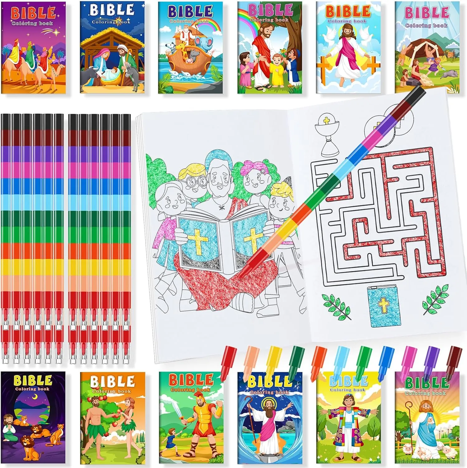 BenLouis 24 Christian Mini Coloring Books Kids with 24 Stacking Crayons Bible Verse Party Favors Activity Books Bulk for Kids Christmas Religious Goodie Bag Gift Stuffer Classroom Reward