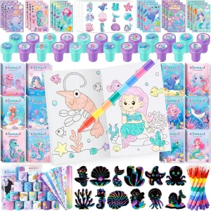 BenLouis 96Pcs Mermaid Party Favors: Coloring Books, Crayons, Stickers Set for Kids Mermaid Birthday Decor, Baby Showers, Candy Goodie Bags, Classroom Rewards, Pinata Supplies