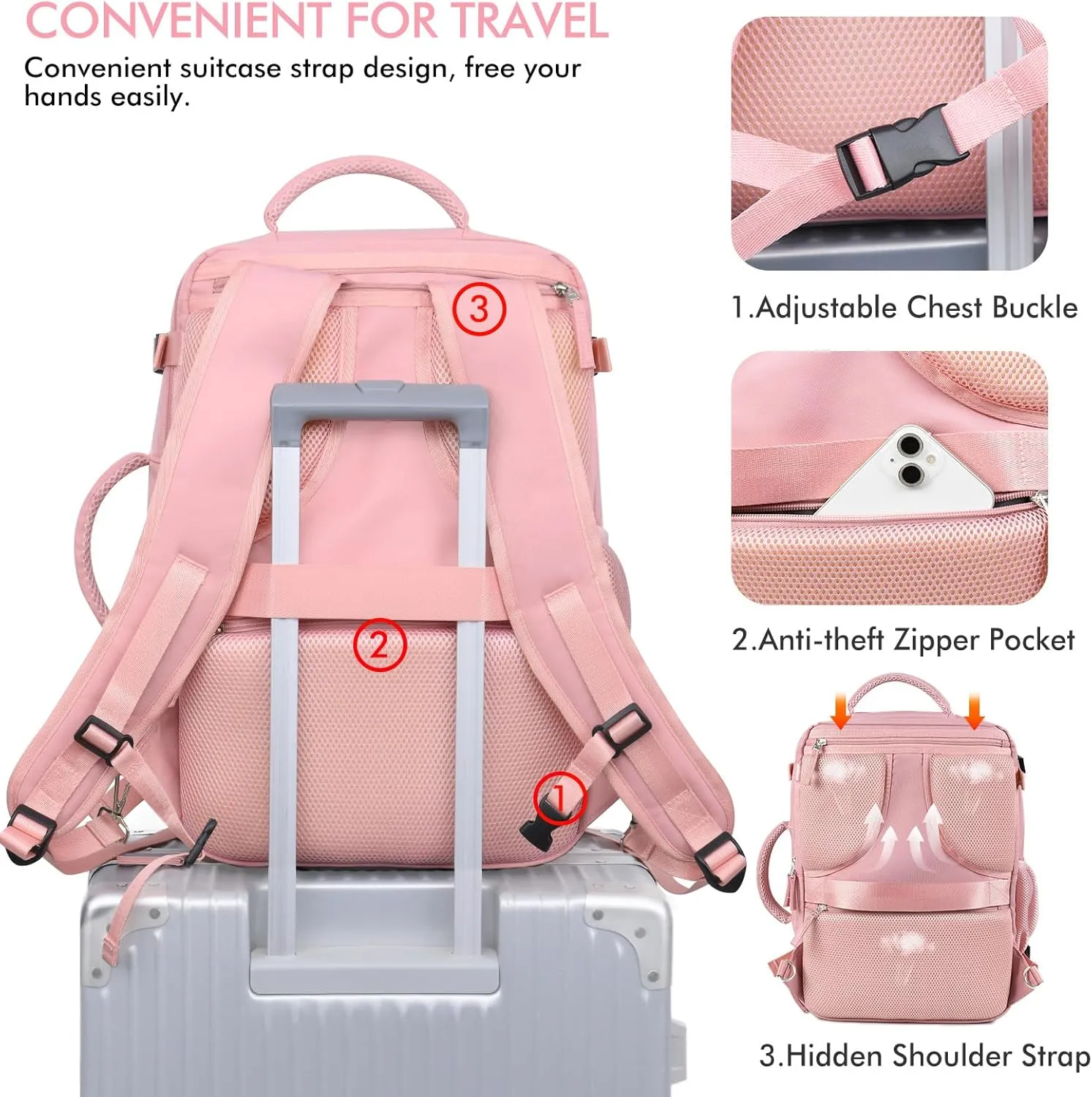 Beraliy Large Travel Backpack for Women, Personal Item Bag Airline Approved, Carry On Luggage, 17 inch Laptop Backpack, Waterproof Backpack, Hiking Backpack, Pink