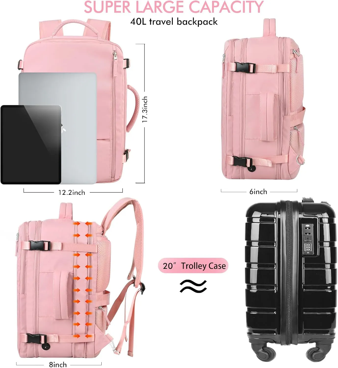 Beraliy Large Travel Backpack for Women, Personal Item Bag Airline Approved, Carry On Luggage, 17 inch Laptop Backpack, Waterproof Backpack, Hiking Backpack, Pink