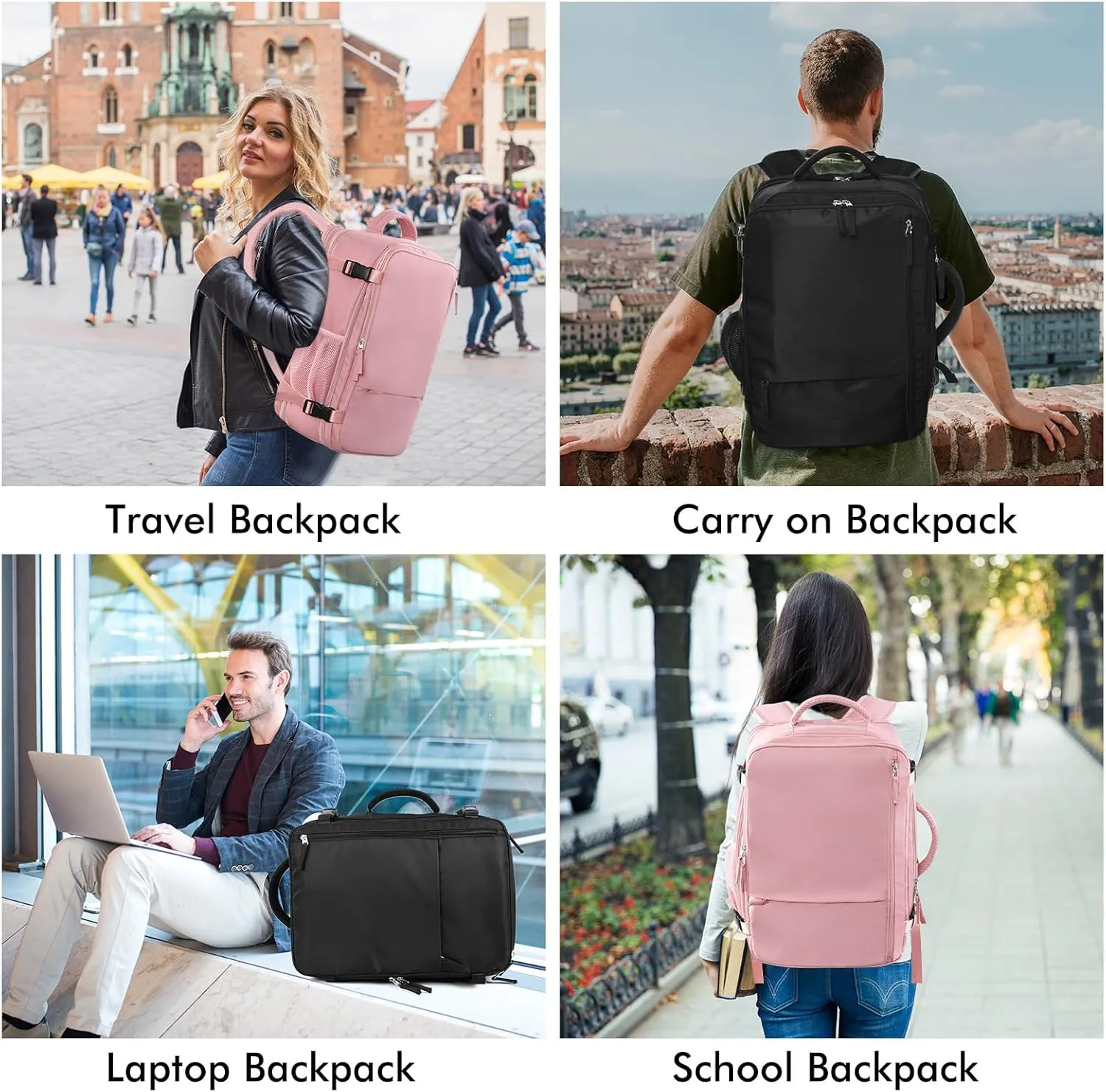 Beraliy Large Travel Backpack for Women, Personal Item Bag Airline Approved, Carry On Luggage, 17 inch Laptop Backpack, Waterproof Backpack, Hiking Backpack, Pink