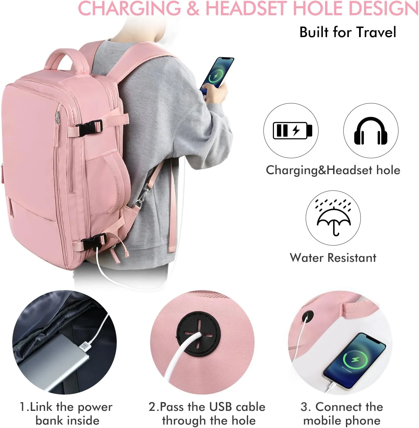 Beraliy Large Travel Backpack for Women, Personal Item Bag Airline Approved, Carry On Luggage, 17 inch Laptop Backpack, Waterproof Backpack, Hiking Backpack, Pink